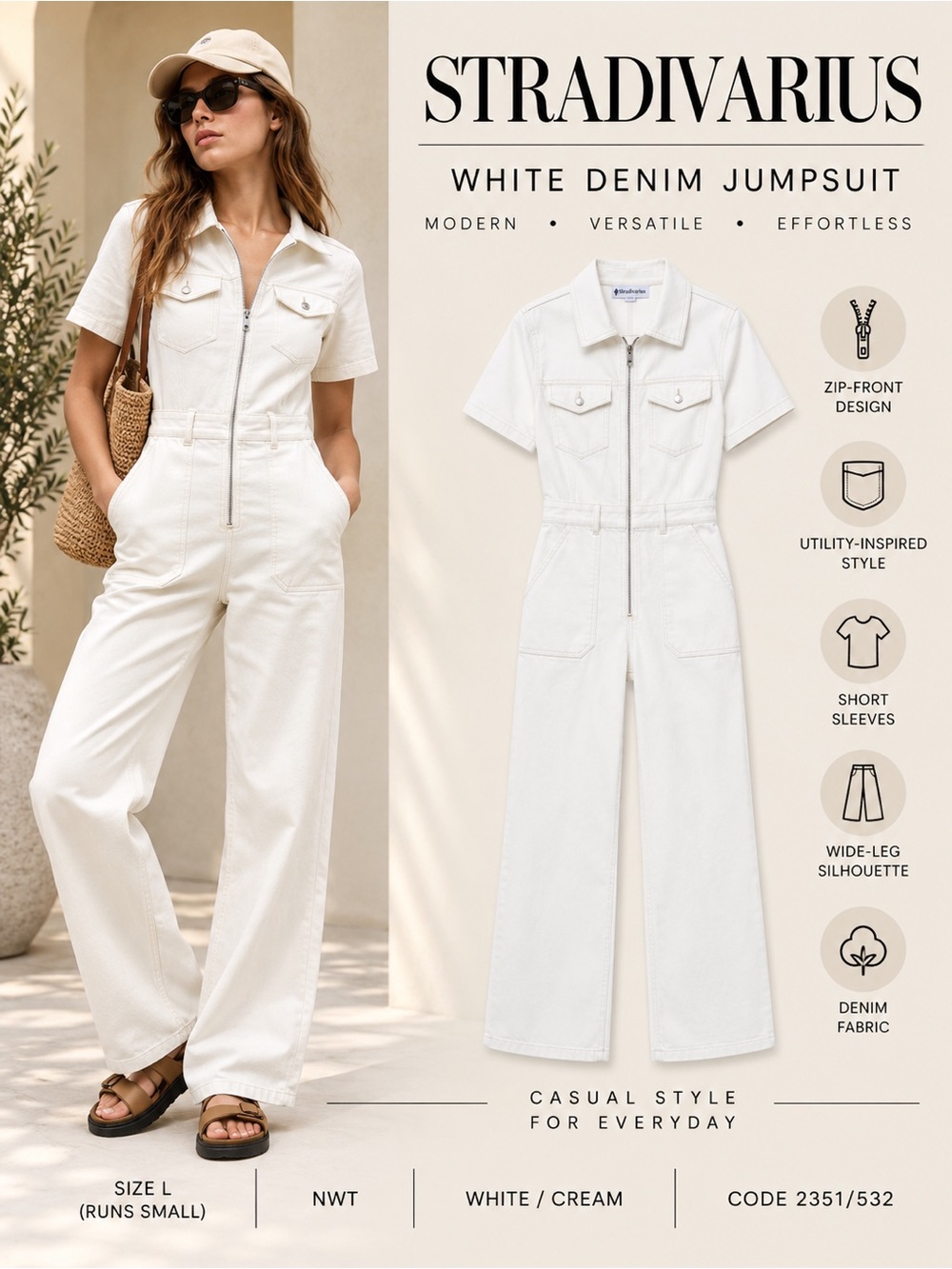 Stradivarius White Denim Utility Jumpsuit Size L NWT Zip Front Wide Leg One Piec